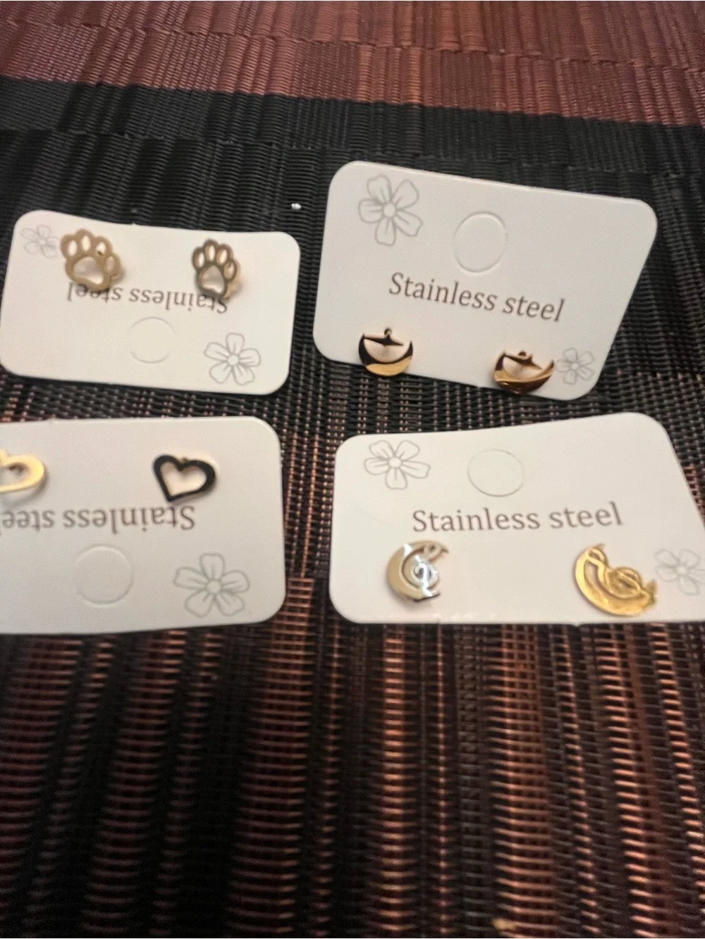 Gold-tone Stainless Steel Charm Stud Earring 4 Set - Hearts, Paws, Ducks